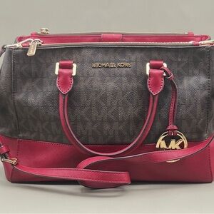 Michael Kors Sutton Medium Satchel Brown Red Signature Logo Crossbody Bag